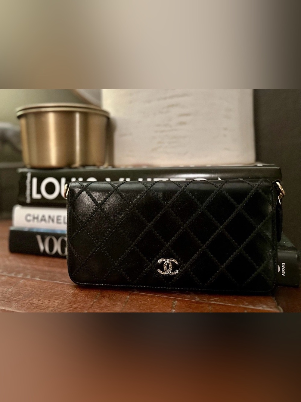 Authentic CHANEL Classic Quilted Long Zip-Around Wallet Black Lambskin Gold HW